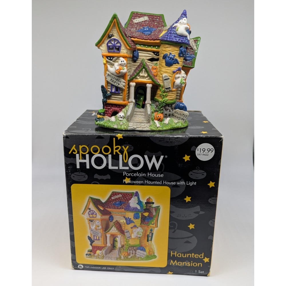 Vtg Spooky Hollow Haunted Mansion Porcelain Halloween Village Lighted House Town
